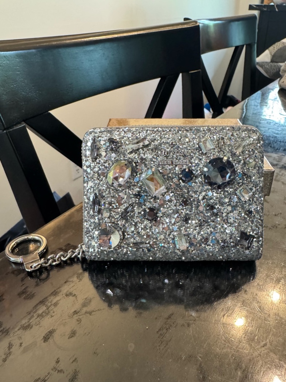kate spade Silver Glitter Jeweled Card Case with Keyring